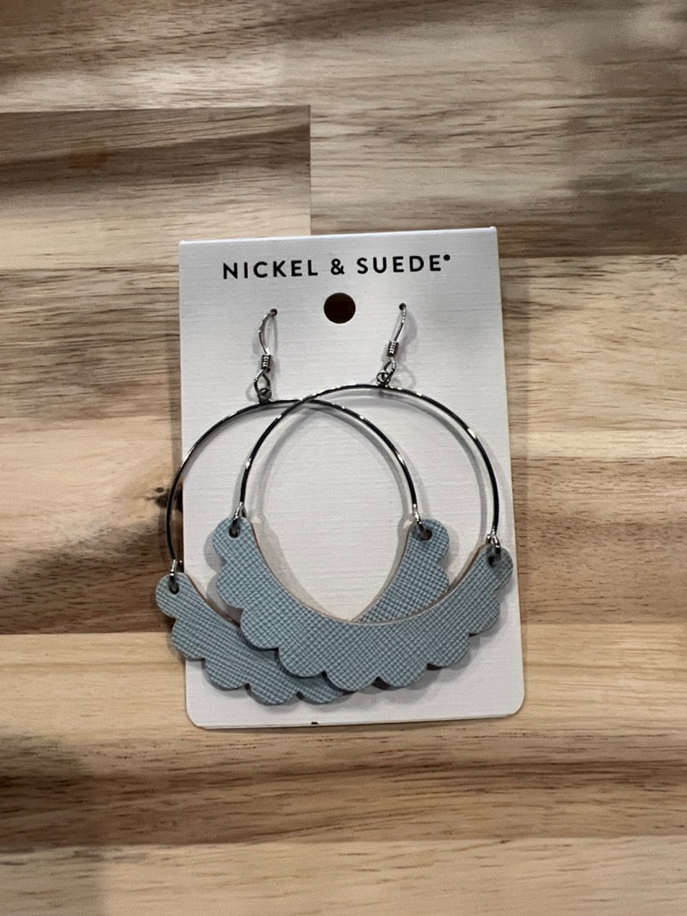 Nickel & Suede Pale Blue Scalloped Hoop Earrings